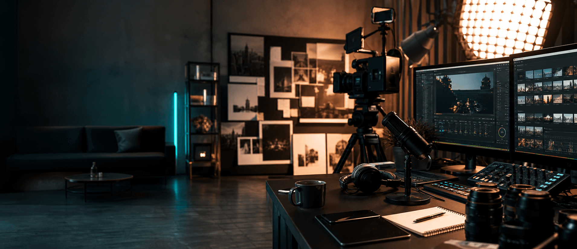 Modernes Media-Studio mit Kameras, Licht und Schnittplatz