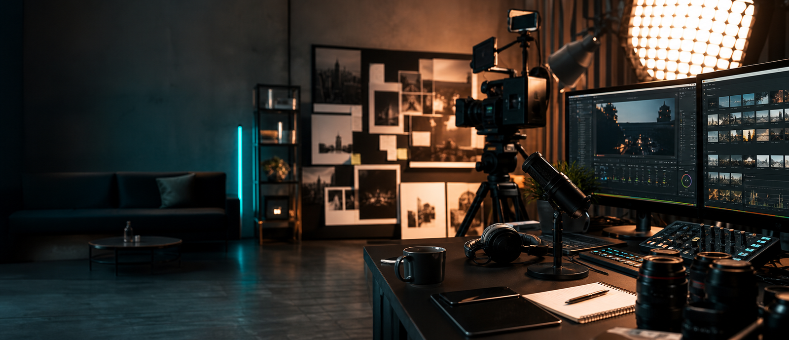 Modernes Media-Studio mit Kameras, Licht und Schnittplatz